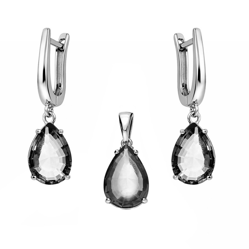 Komplet srebrny kolczyki i wisiorek z kwarcem dymnym szlif gruszka