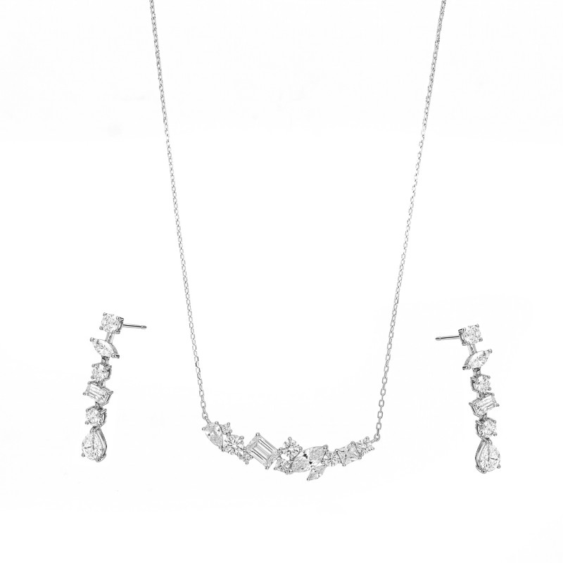 Komplet kolia i kolczyki z cyrkoniami o różnym szlifie, srebro 925