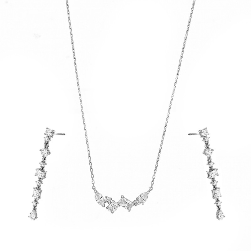 Komplet kolia i kolczyki z cyrkoniami o różnym szlifie, srebro 925