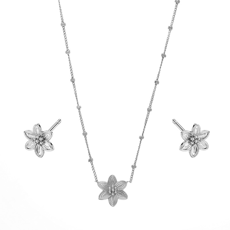 Komplet biżuterii naszyjnik i kolczyki z kwiatkiem, srebro próby 925