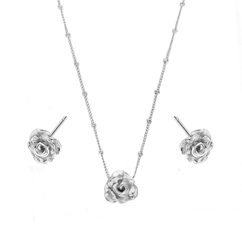 Komplet srebrny naszyjnik i kolczyki z różą, próba 925