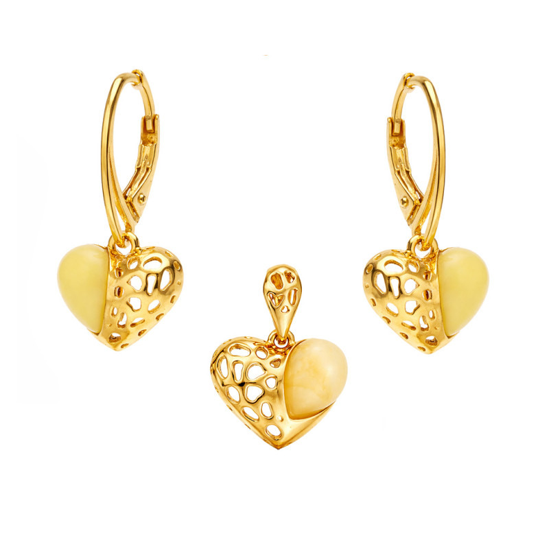 Komplet srebrny 925 w kolorze złotym w kształcie serca z bursztynem mlecznym