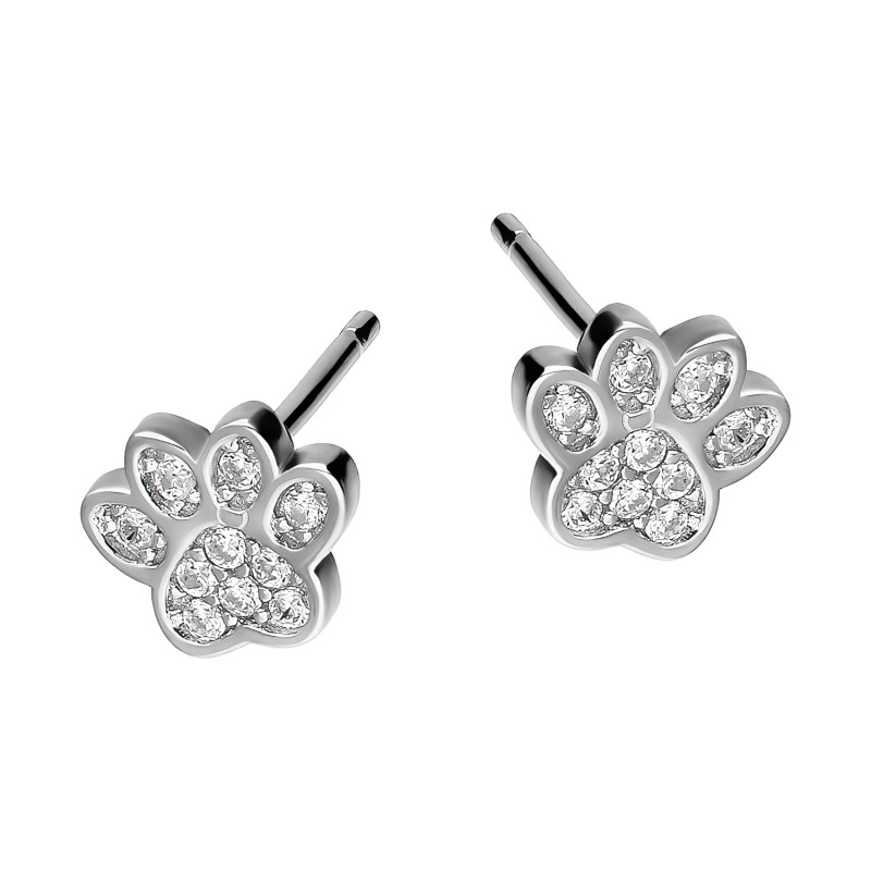 Kolczyki srebrne psia łapa z białymi cyrkoniami, próba 925