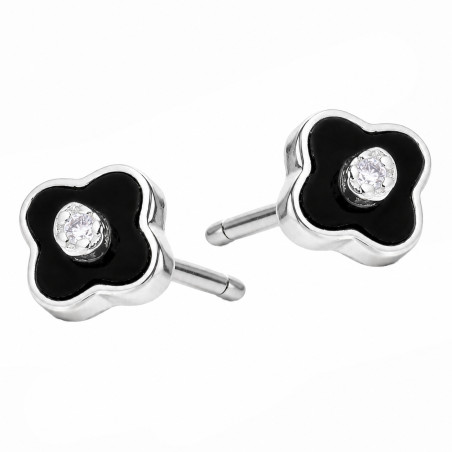 Kolczyki koniczynki z czarną emalią z cyrkonią w środku, srebro 925