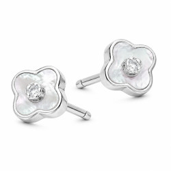 Kolczyki koniczynki z masą perłową i z cyrkonią w środku, srebro 925