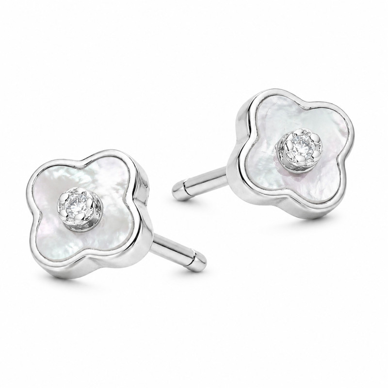 Kolczyki koniczynki z masą perłową i z cyrkonią w środku, srebro 925