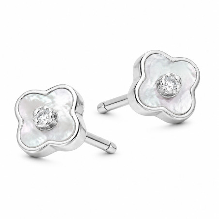 Kolczyki koniczynki z masą perłową i z cyrkonią w środku, srebro 925