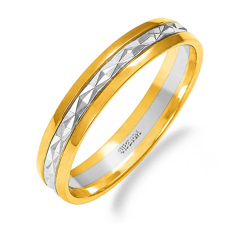 Obrączka ślubna ze złota 585, połokrągła diamentowana dwa kolory szerokość 4 mm
