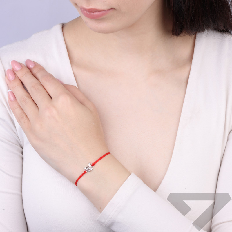 Bransoletka srebrna 925 motylek ażur na czerwonym sznurku