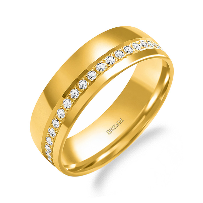 Obrączka ślubna ze złota 585, półokrągła 6 mm z cyrkoniami