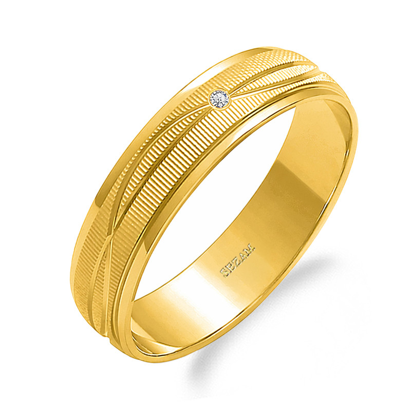 Obrączka ślubna ze złota 585, fazowana 5 mm z diamentem