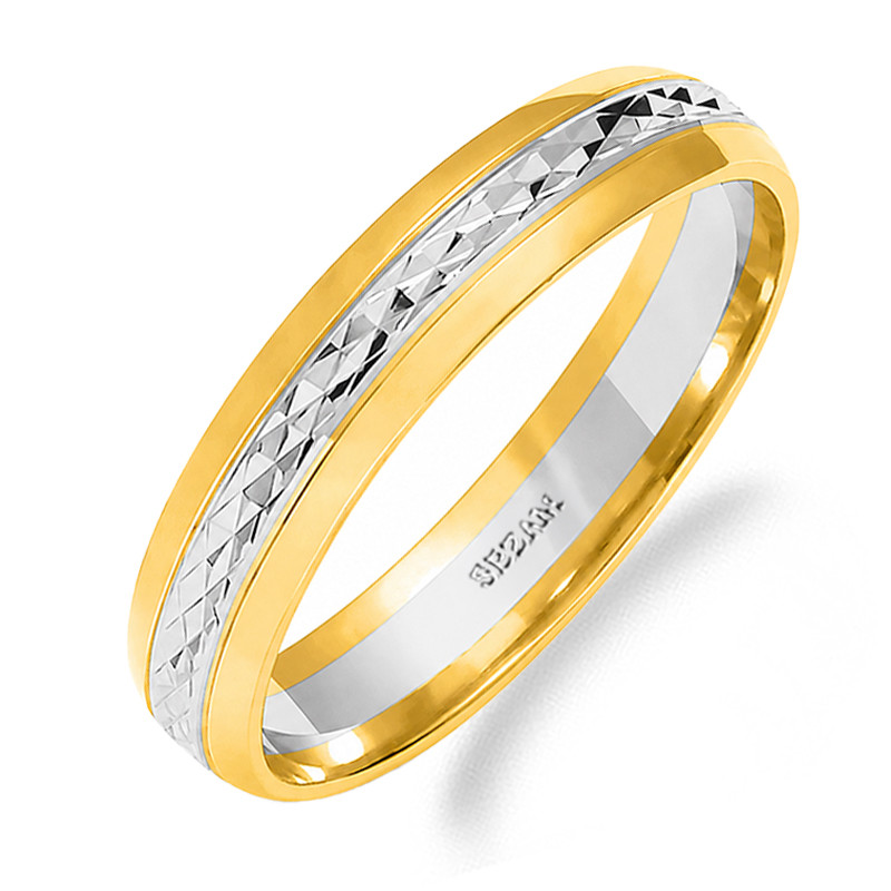 Obrączka ślubna ze złota 585, dwa kolory, diamentowana, szerokość 4,5 mm
