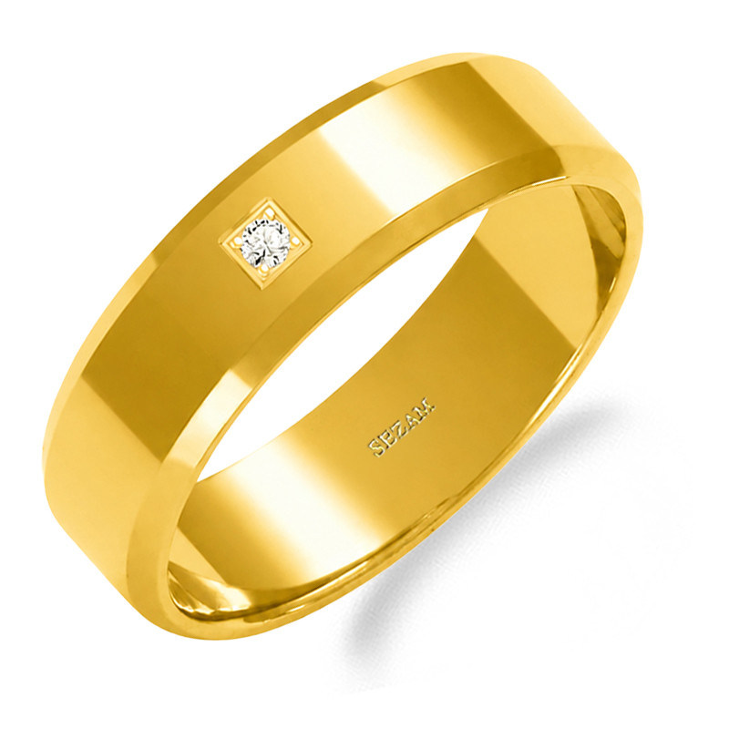 Obrączka ślubna ze złota 585, płaska fazowane brzegi 5,5 mm z diamentem