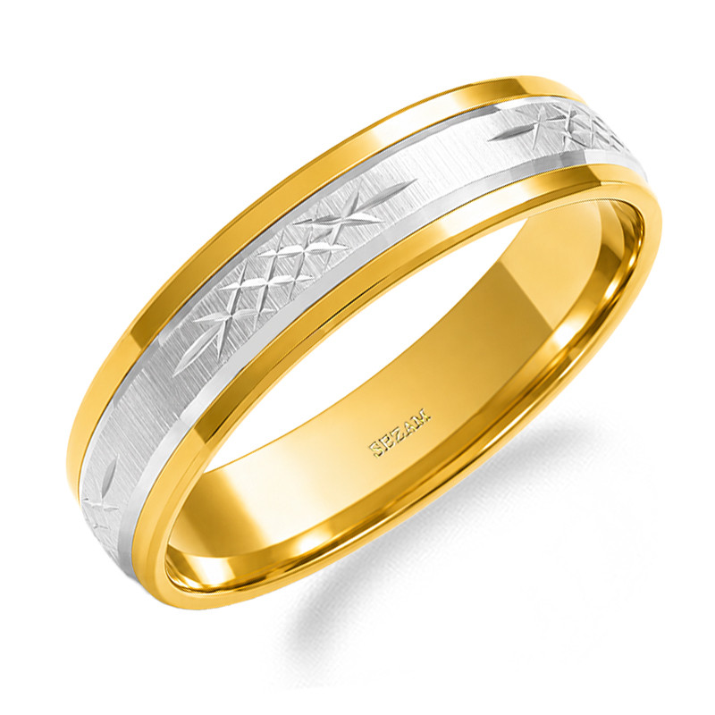 Obrączka ze złota 585 płaska faza z diamentowaniem szerokość 5 mm