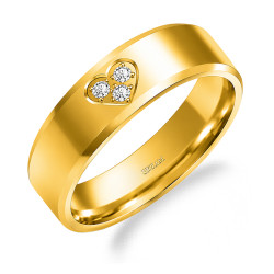 Obrączka ślubna ze złota 585, płaska fazowana 6 mm z diamentami w sercu