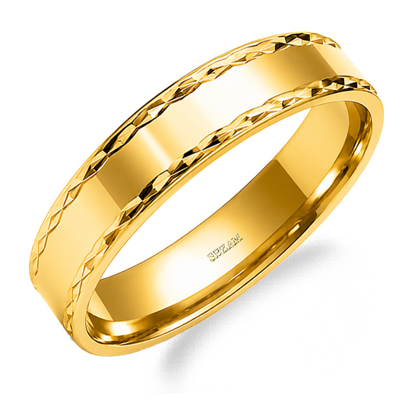 Obrączka ze złota 585 płaska z diamentowanym wzorem szerokość 5 mm
