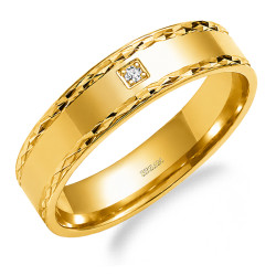 Obrączka ze złota 585 płaska z diamentowanym wzorem i cyrkonią szerokość 5 mm