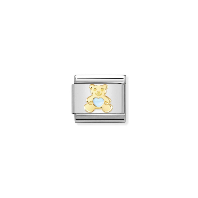 Link stalowy Nomination Composable Classic – Miś ze złota 18 karat z niebieskim sercem 030272 65