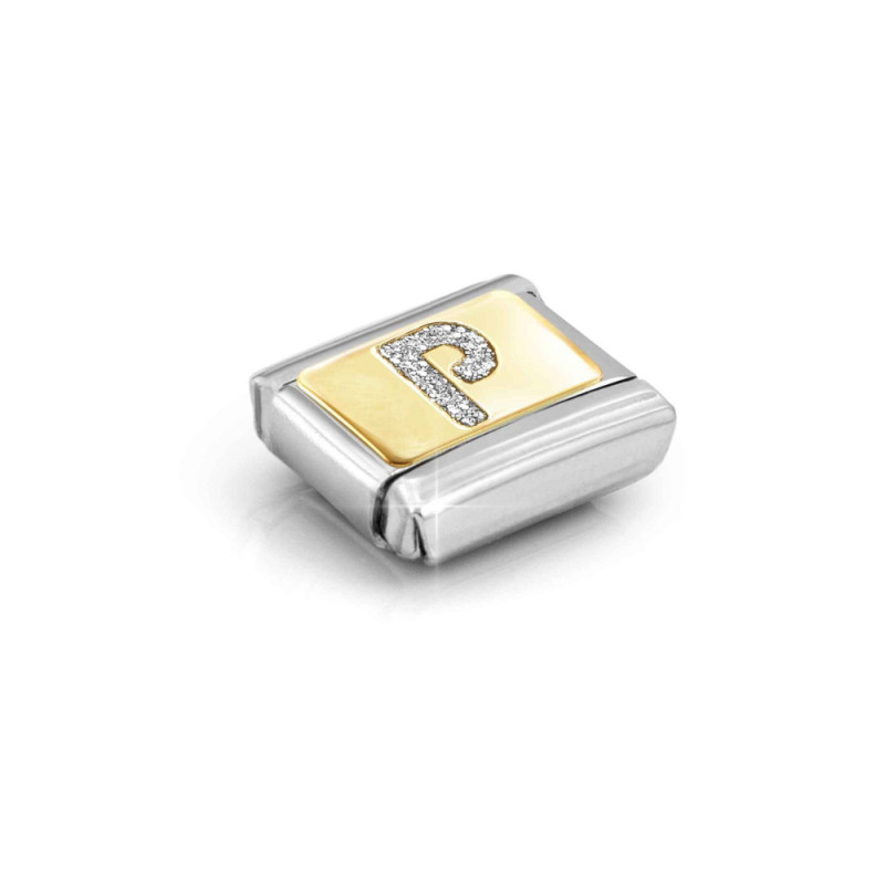 Element link do bransoletki Nomination literka P brokat 030291 16 stal i złoto 18 karat