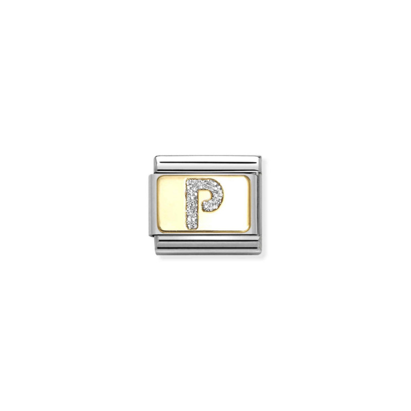 Element link do bransoletki Nomination literka P brokat 030291 16 stal i złoto 18 karat