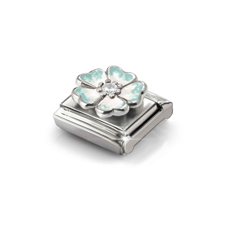 Element link do bransoletki Nomination kwiat emalia zielona 330321 18 stal i srebro 925