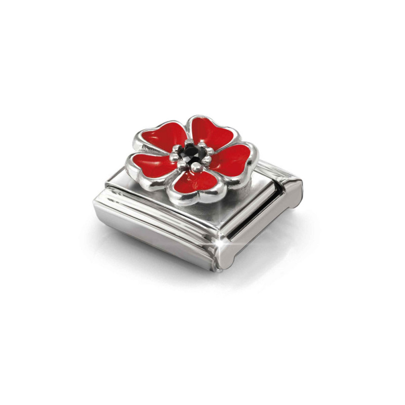 Element link do bransoletki Nomination Kwiat emalia czerwona 330321 19 stal i srebro 925
