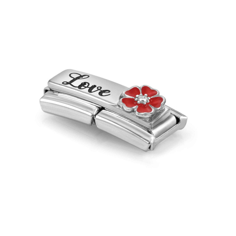 Element link do bransoletki Nomination DOUBLE napis Love z kwiatem 330734 14 stal i srebro 925
