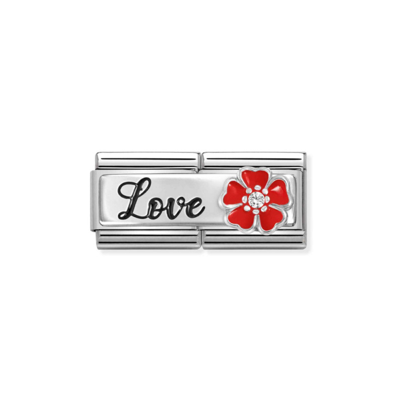 Element link do bransoletki Nomination DOUBLE napis Love z kwiatem 330734 14 stal i srebro 925