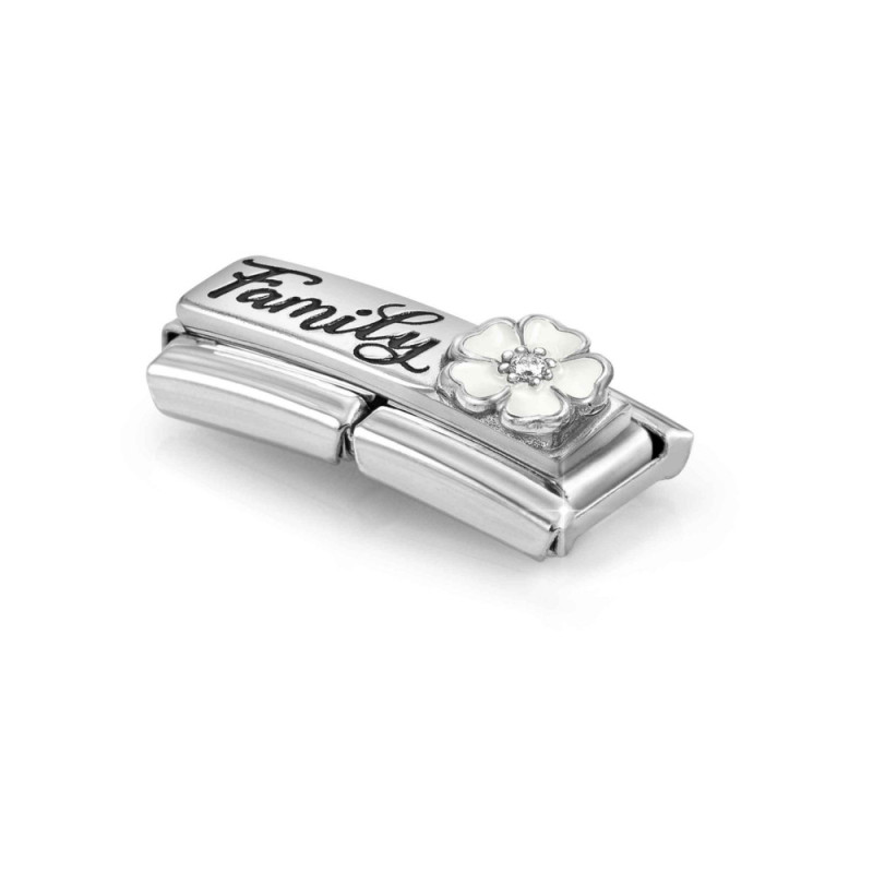 Element link DOUBLE do bransoletki Nomination napis Family z kwiatem 330734 17 stal i srebro 925