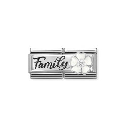 Element link DOUBLE do bransoletki Nomination napis Family z kwiatem 330734 17 stal i srebro 925