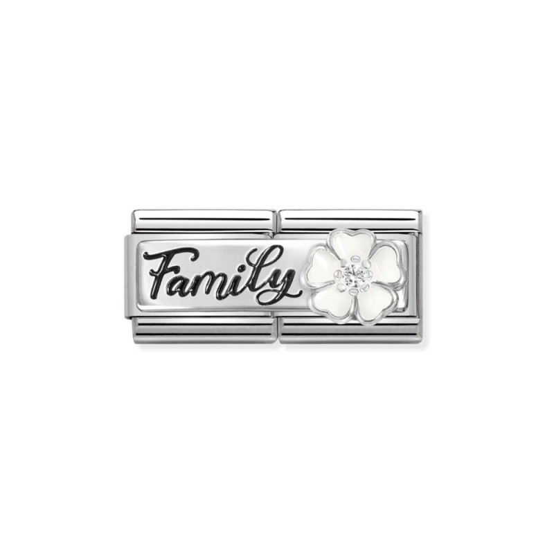 Element link DOUBLE do bransoletki Nomination napis Family z kwiatem 330734 17 stal i srebro 925