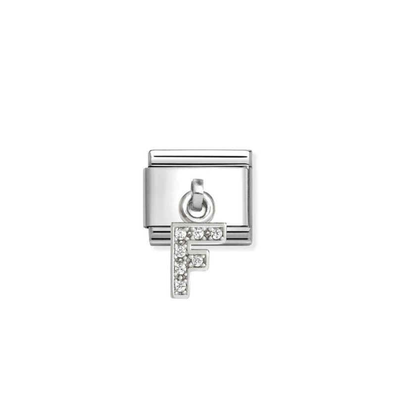 Element link do bransoletki Nomination CHARMS Literka F z cyrkoniami 331818 06 stal i srebro 925