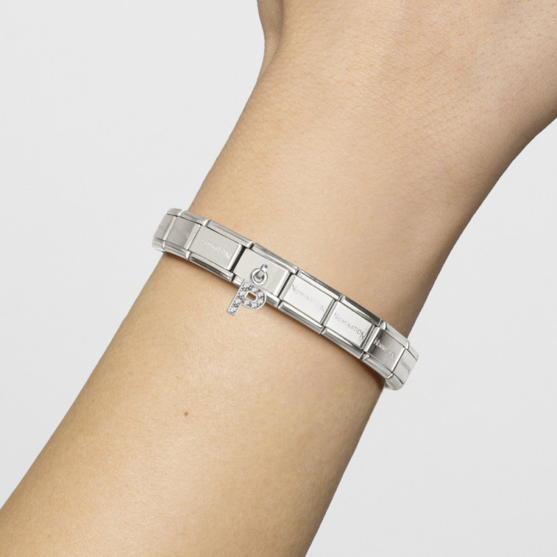 Element link do bransoletki Nomination CHARMS Literka P z cyrkoniami 331818 16 stal i srebro 925