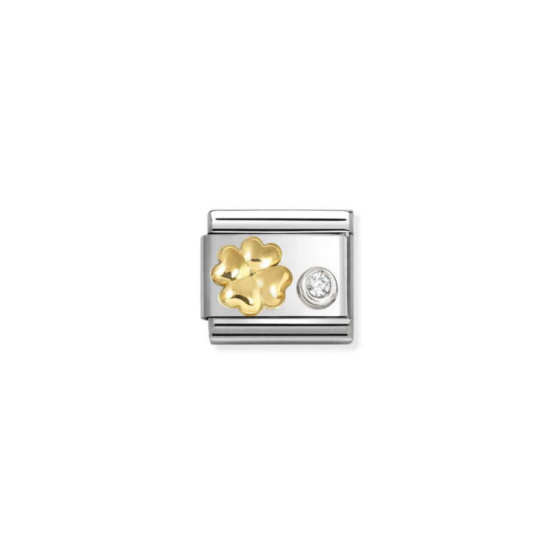 Element link do bransoletki Nomination Koniczynka z białą cyrkonią 630301 03 stal i złoto 18 karat