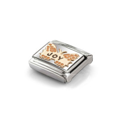 Element link do bransoletki Nomination Motyl emalia napis Joy 430202 52 stal i różowe złoto 9 karat