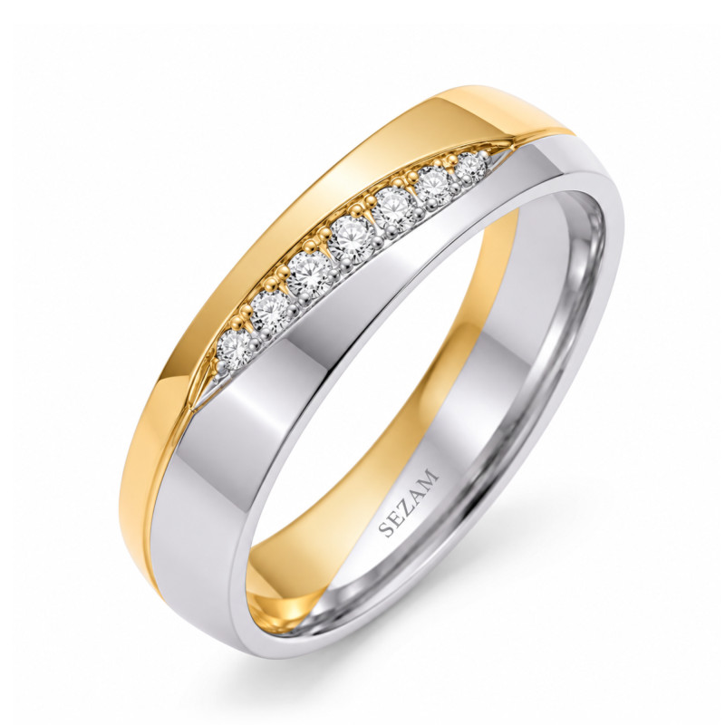 Obrączka ślubna ze złota 585, półokrągła z diamentami, dwa kolory, szerokość 6 mm