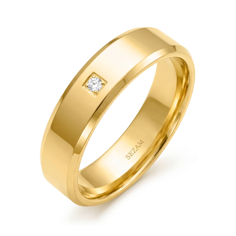 Obrączka ślubna ze złota 585, płaska fazowane brzegi 5,5 mm z diamentem