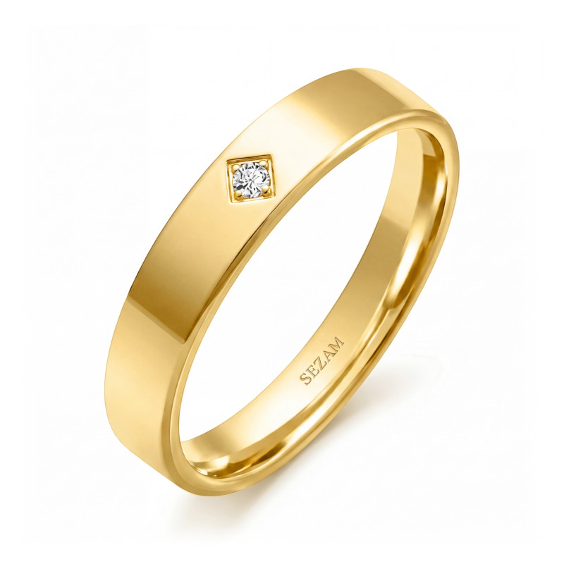 Obrączka ślubna ze złota 585, płaska 4 mm z diamentem