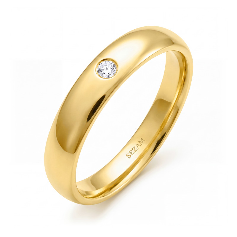 Obrączka ślubna ze złota 585, zaokrąglona 4 mm z diamentem