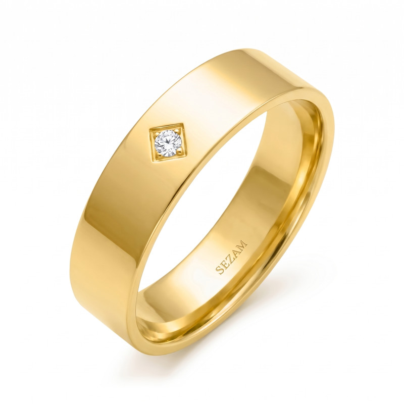 Obrączka ślubna ze złota 585, płaska 6 mm z diamentem laboratoryjnym
