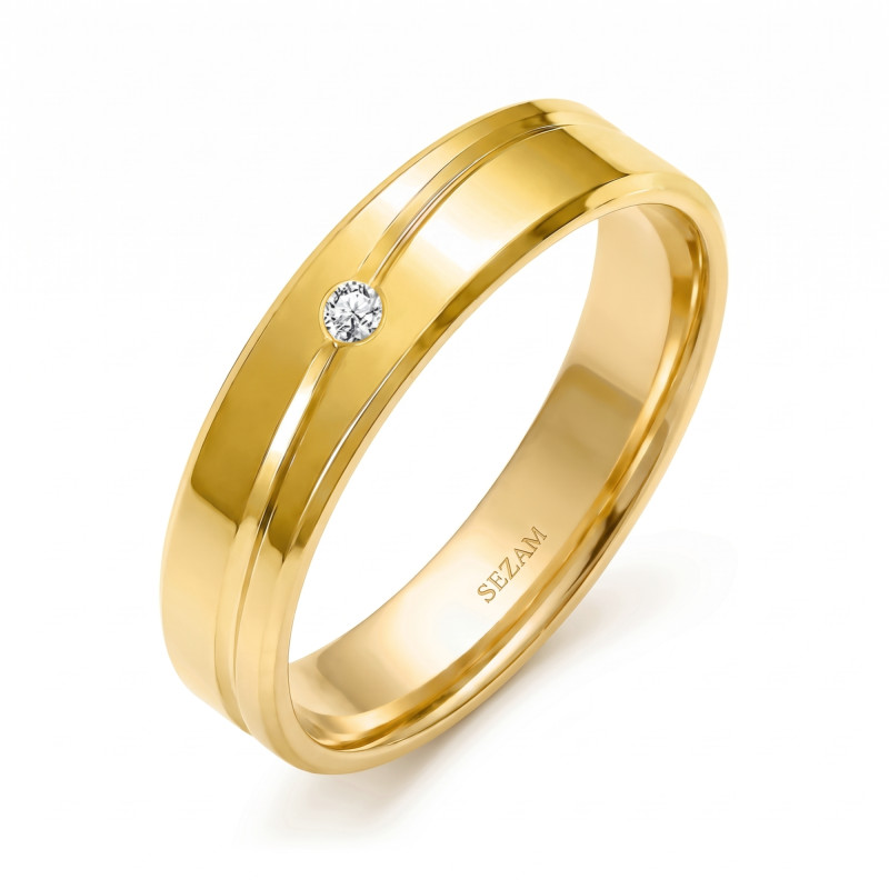 Obrączka ze złota 585 płaska ze żłobieniem i diamentem szerokość 5 mm
