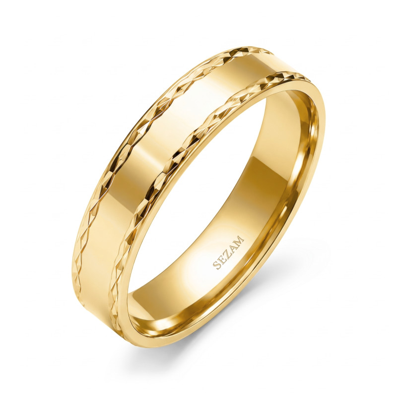 Obrączka ze złota 585 płaska z diamentowanym wzorem szerokość 5 mm