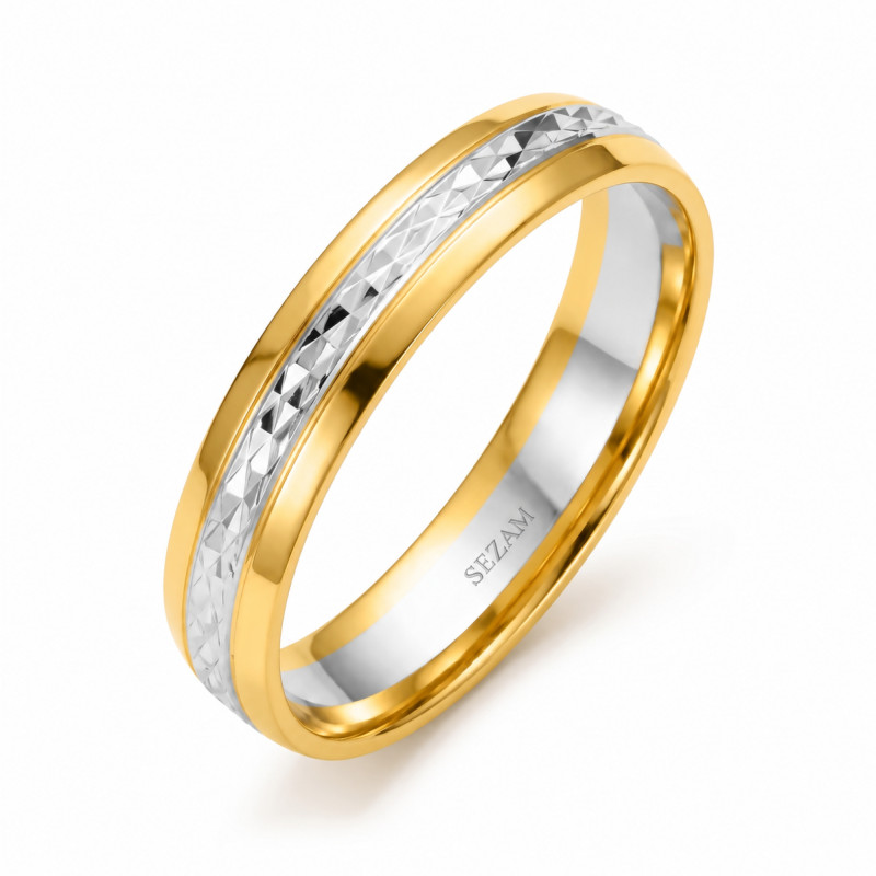 Obrączka ślubna ze złota 585, dwa kolory, diamentowana, szerokość 4,5 mm