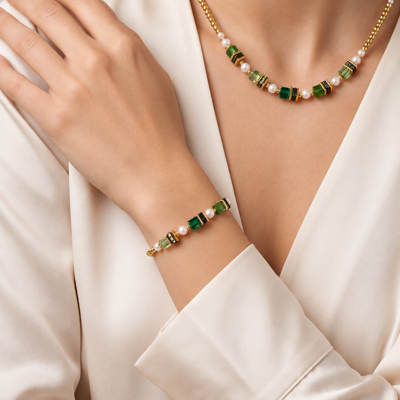 Bransoletka stalowa Coeur de Lion Green Gold 4567-30-0516 kryształy i perły Swarovski