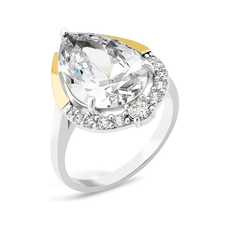 Srebrny pierścionek z cyrkoniami i złotymi blaszkami