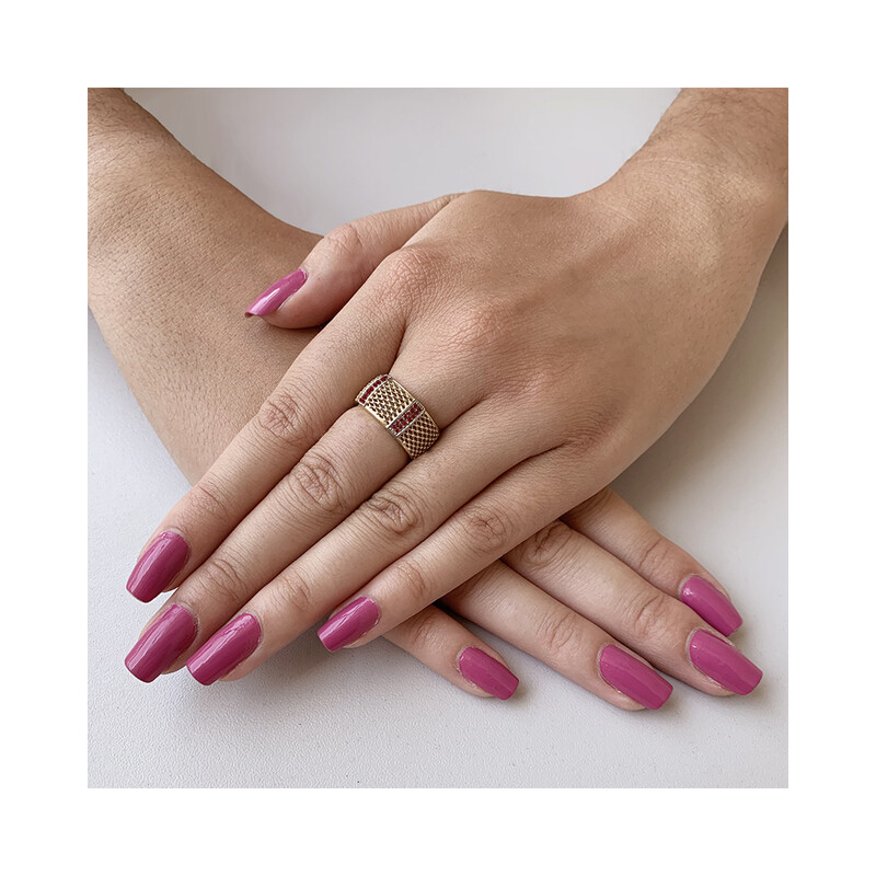 Pierścionek złoty kopułka z czerwonymi cyrkoniami nr NB 501331 RUB próba 585