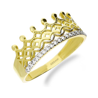 Pierścionek korona ażur+cyrkonie 1r LP 34U20-DCR0134-YW-CZ próba 375
