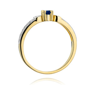 Pierścionek złoty z szafirem i diamentami w ażurowej szynie BE W-411 SA obr.ornament próba 585