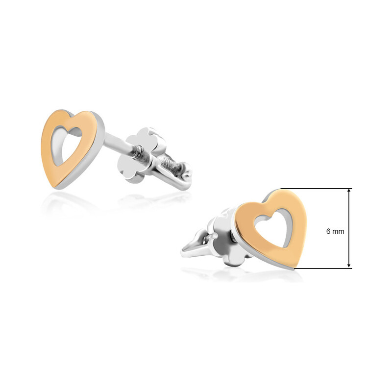 Kolczyki srebrne ze złotą blaszką w kształcie serca DC 307-1_AU375 blaszka rose