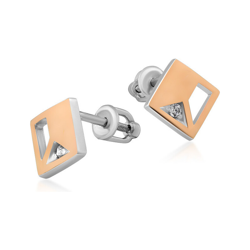 Kolczyki srebrne ze złotą blaszką w kształcie kwadratu z cyrkonią DC 669_AU375 blaszka rose